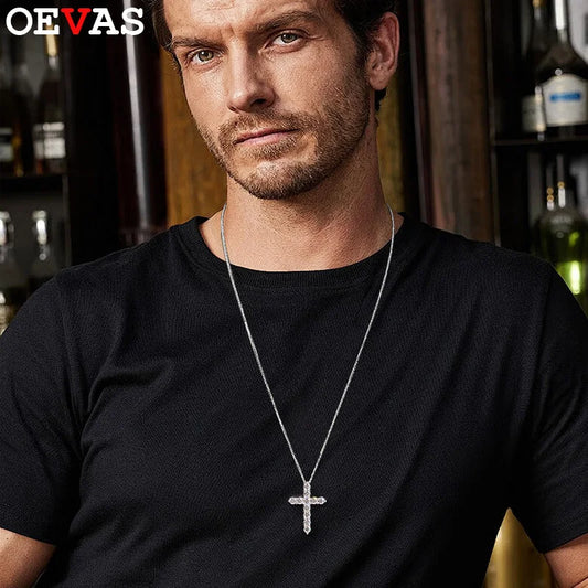 OEVAS 2.5-5MM Moissanite Cross Pendant Necklace S925 Silver Lab Diamond For Man Women Couple necklace Party Fine Jewelry