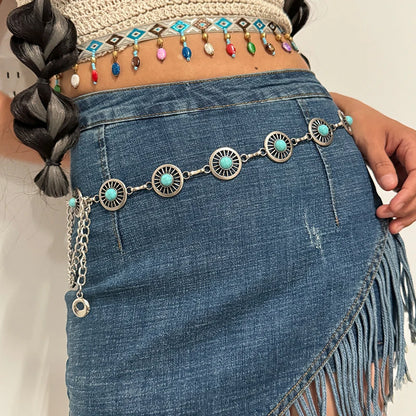 Fashion Silver Bohemian female circular waist chain luxury blue gemstone Ellipse chain belts for women suitable for Skirts dress
