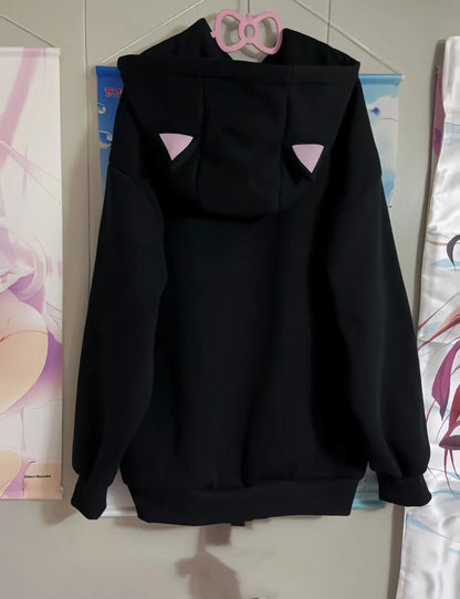 日本の漫画プリントフリースパーカー レディース 原宿ゴシック 猫耳 フード付き ヴィンテージ パーカー ストリートウェア Y2K 美的 スウェットシャツ