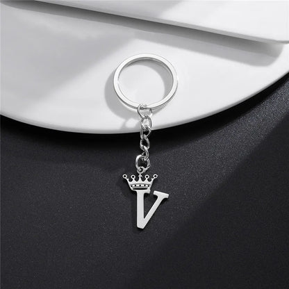 Fashion Crown A-Z Letters Pendant Keychains for Lovers Silver Color 26 Alphabet Keyring Women Car Key Ring Unique Name Jewelry