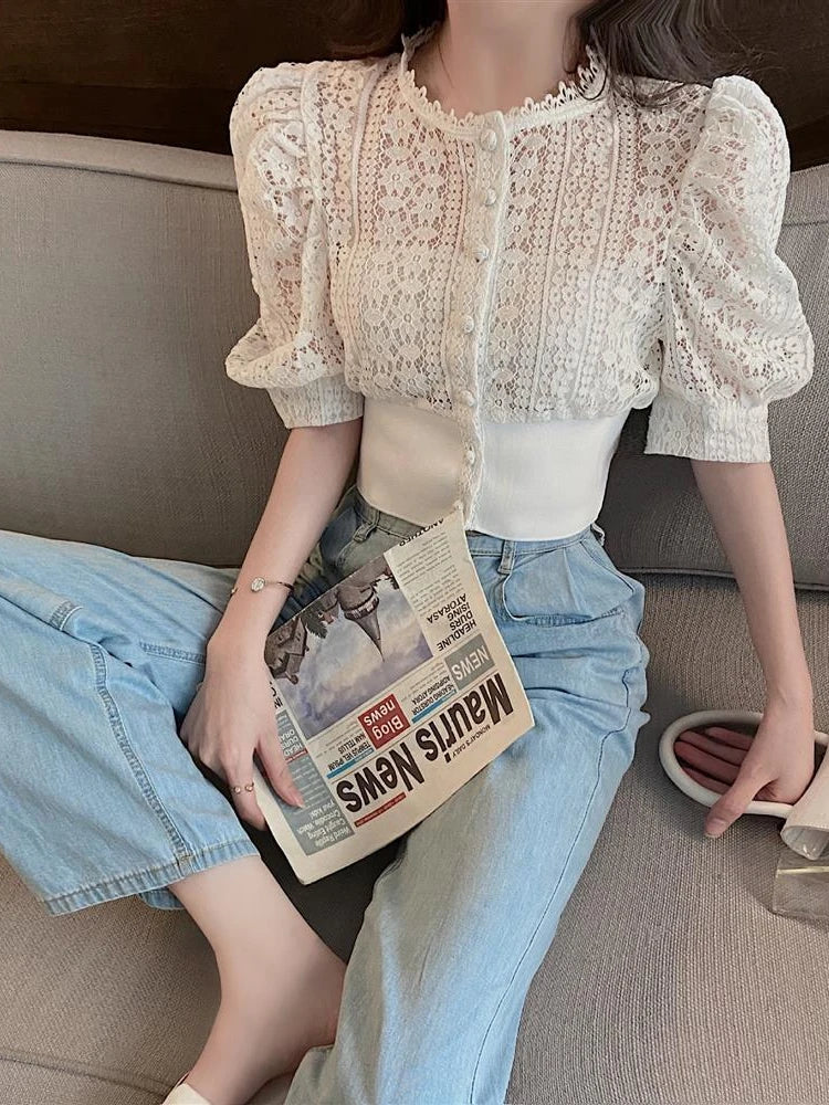 Woherb Sweet Crochet Top Blouse Women Sexy Hollow Out Shirt Vintage Puff Sleeve Korean  Shirts Fashion Chic Tops Blusas