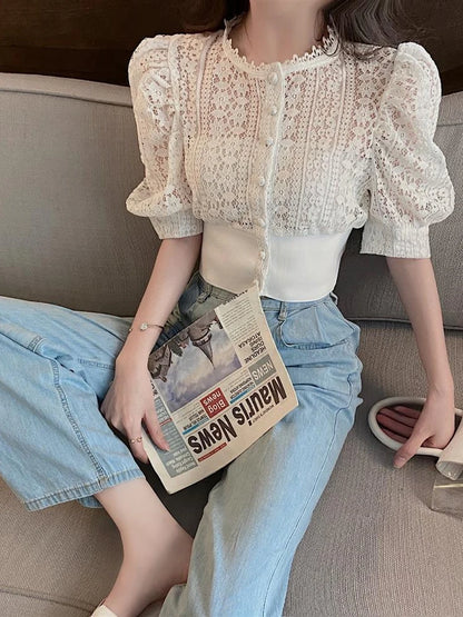 Woherb Sweet Crochet Top Blouse Women Sexy Hollow Out Shirt Vintage Puff Sleeve Korean  Shirts Fashion Chic Tops Blusas
