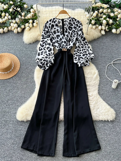 SINGREINY Autumn Leopard Long Jumpsuits V Neck Long Sleeves Belt Wide Legs Pants Women American Retro Senior Office Lady Rompers
