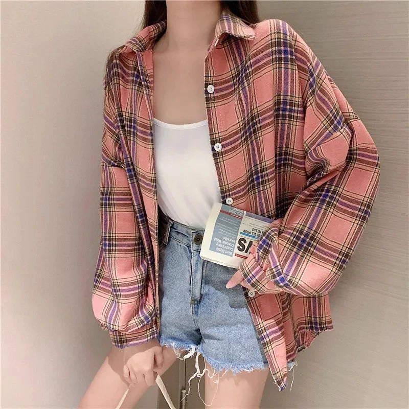 Women Tartan Shirt Long Sleeve Collared Button Up Oversized Plaid Shirt Jacket Grunge Fashion Teenage Girl Spring Summer Outfit
