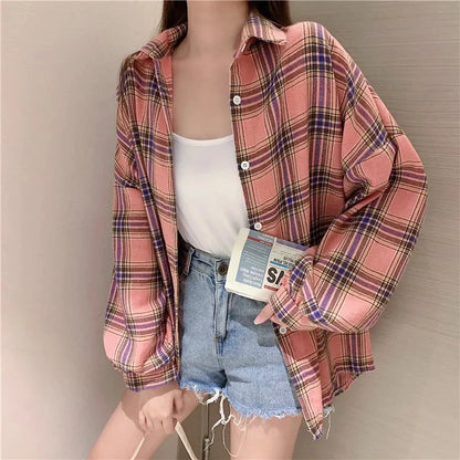 Women Tartan Shirt Long Sleeve Collared Button Up Oversized Plaid Shirt Jacket Grunge Fashion Teenage Girl Spring Summer Outfit