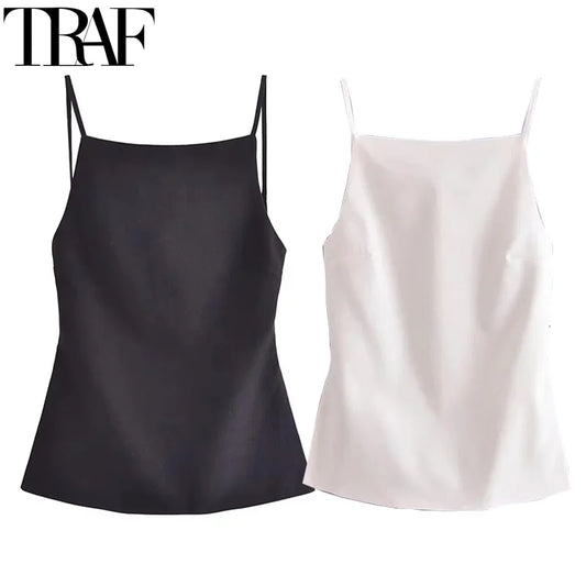 TRAF Sleeveless Women's Tanks Top Summer Black Crop Top Women Sexy Backless White Top Woman Fashion Party Short Tops With Straps