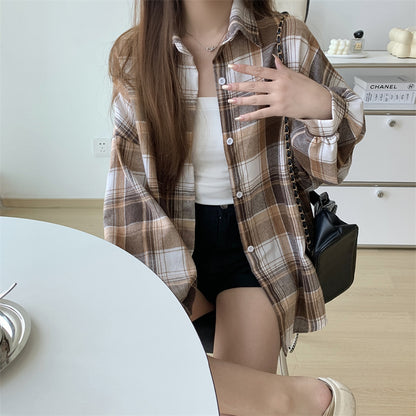 Women Tartan Shirt Long Sleeve Collared Button Up Oversized Plaid Shirt Jacket Grunge Fashion Teenage Girl Spring Summer Outfit