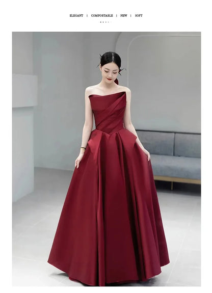 party dresses women evening satin strapless host evening dress female banquet temperament bride toast wine red black prom dress