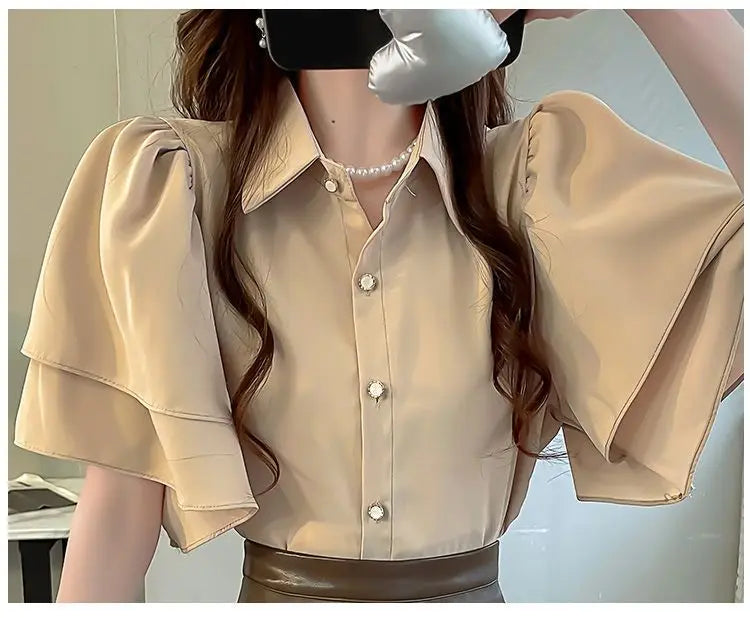 French Lady's Summer Loose Shirt Women's New Loose Blouse Solid Color Ruffle Short Sleeve Chiffon Top