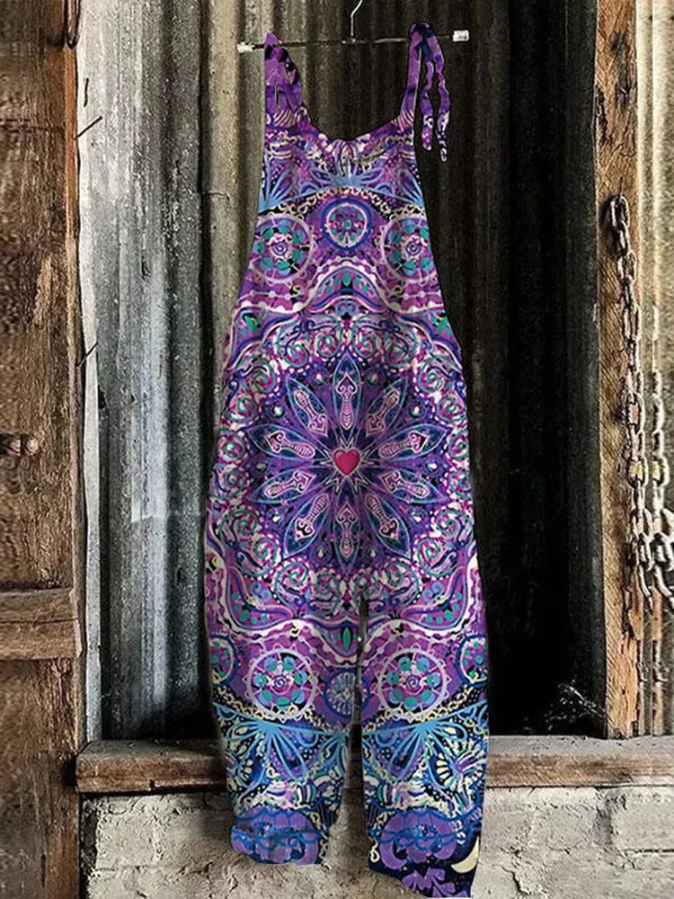 Summer Ladies Chic Suspenders Loose Comfortable Romper Retro Fashion Floral 3D Printed Suspenders Straight Leg Pants