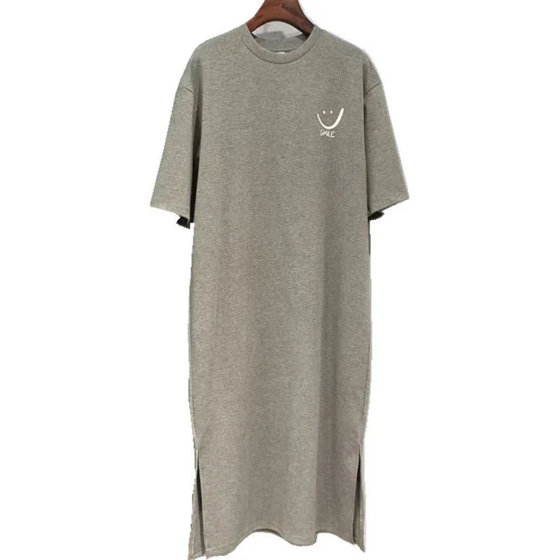 Summer Versatile Academy Style Short Sleeve Loose Korean Print Split Medium Length Dress T-shirt Women Casual Comfortable Style