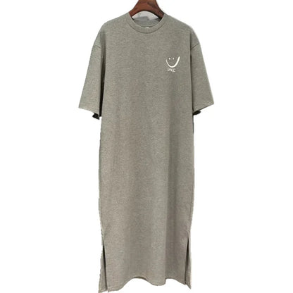 Summer Versatile Academy Style Short Sleeve Loose Korean Print Split Medium Length Dress T-shirt Women Casual Comfortable Style