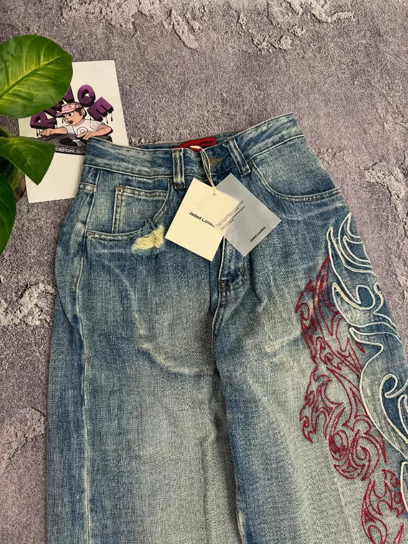Y2K American New Pattern Embroidery Baggy Jeans Men High Street Vintage Hip Hop Fashion Casual Joker Couple Wide-leg Pants