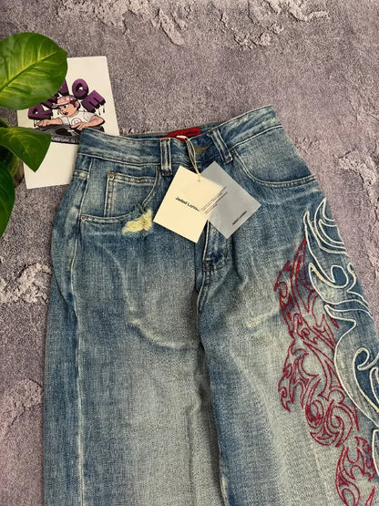 Y2K American New Pattern Embroidery Baggy Jeans Men High Street Vintage Hip Hop Fashion Casual Joker Couple Wide-leg Pants