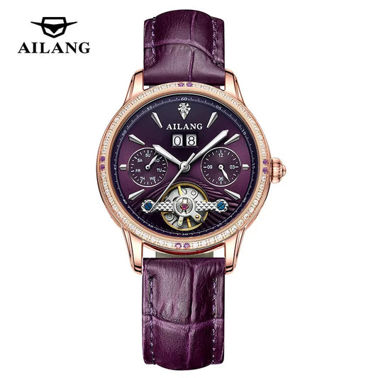 AILANG Brand Luxury Automatic Tourbillon Watch Women Fashion Leather Strap Waterproof Week Date Mechanical Wristwatch Ladies