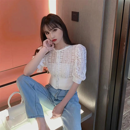 Woherb Sweet Crochet Top Blouse Women Sexy Hollow Out Shirt Vintage Puff Sleeve Korean  Shirts Fashion Chic Tops Blusas