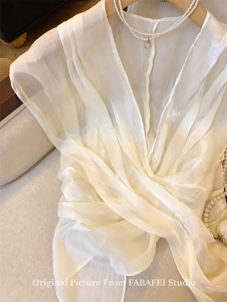 French Cross V-Neck Chiffon Blouse Women's Summer Premium Linen Sleeveless Irregular Tulle Top