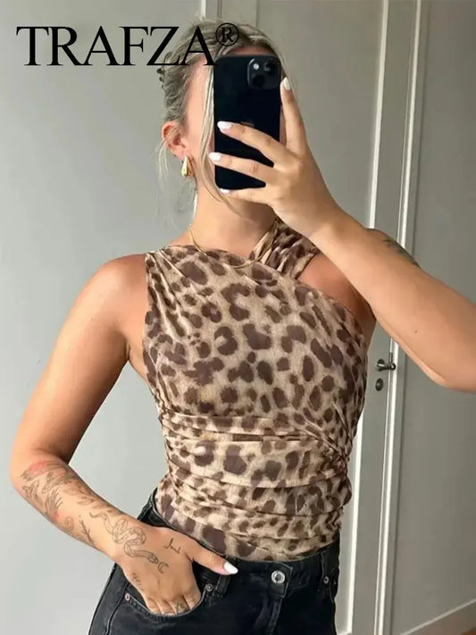 TRAFZA Leopard Print Women Bodysuits Sexy Vintage Sleeveless Lady Jumpsuits Fashion Summer Beach Slim Halter Female Rompers