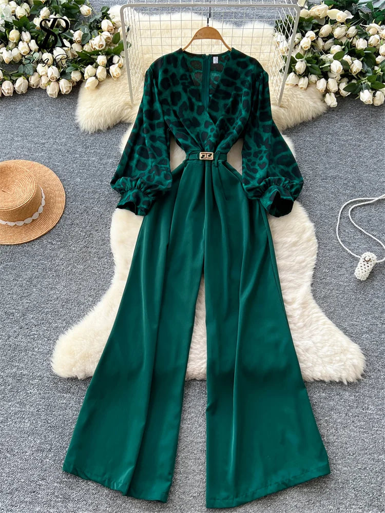 SINGREINY Autumn Leopard Long Jumpsuits V Neck Long Sleeves Belt Wide Legs Pants Women American Retro Senior Office Lady Rompers