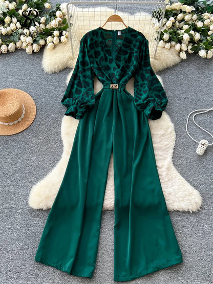 SINGREINY Autumn Leopard Long Jumpsuits V Neck Long Sleeves Belt Wide Legs Pants Women American Retro Senior Office Lady Rompers