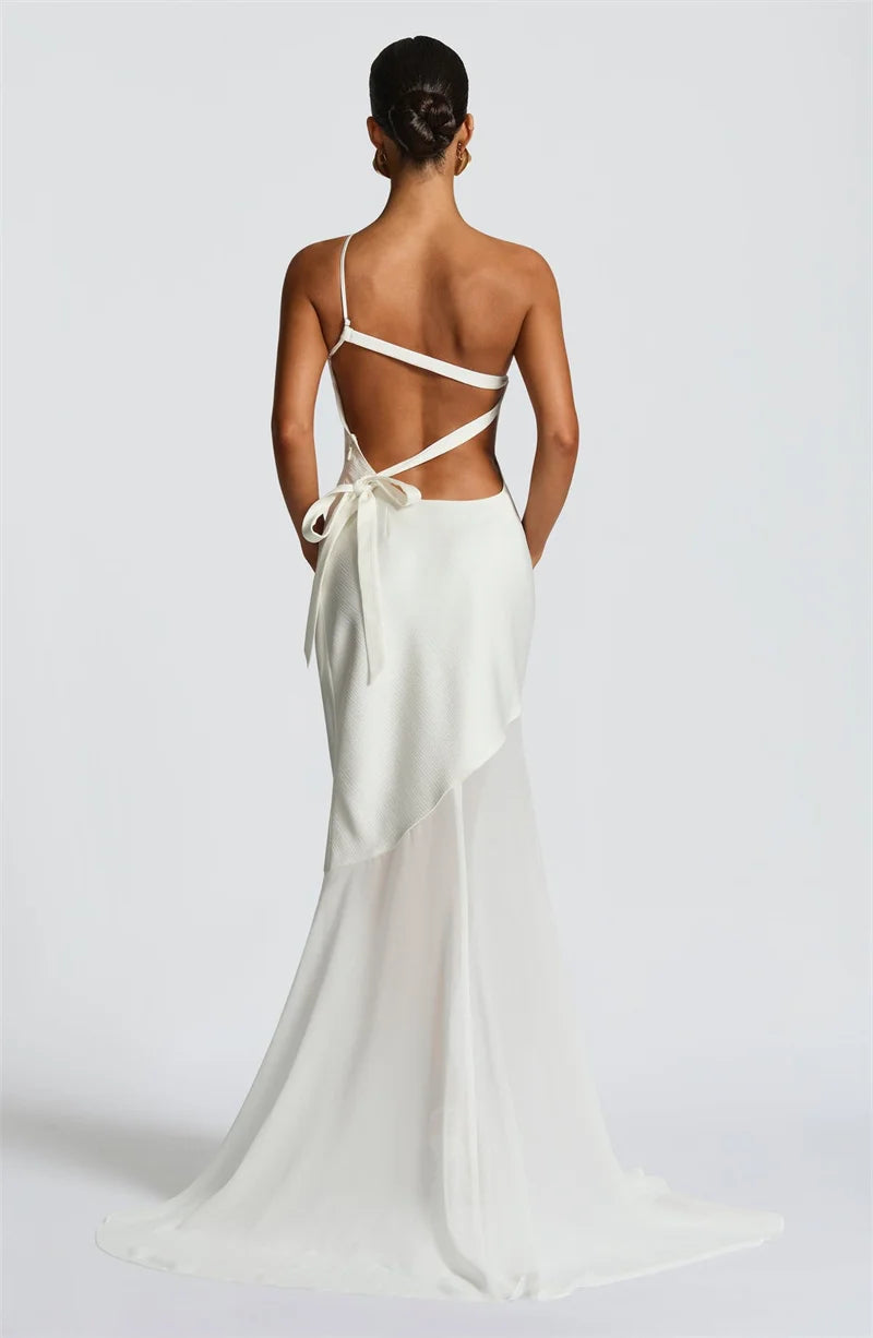 Mozision One Shoulder Backless Sexy Maxi Dress Women Gown Fashion Patchwork Sleeveless Bodycon Club Party Long Dress Elegant