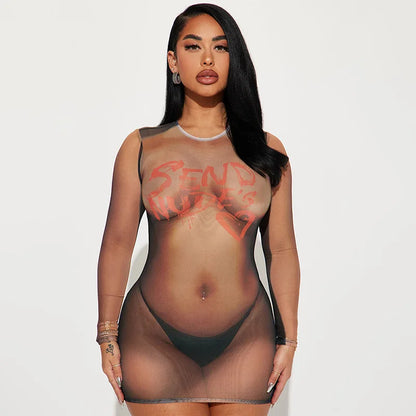 HELIAR レディース メッシュ シースルー セクシー ドレス プリント 長袖 ミニ ボディコン ドレス Y2K ストリート パッチワーク ドレス 春夏