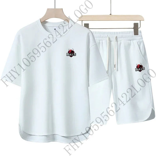 Men's new summer fashion sports suit casual fashion fitness jogging wear round neck T-shirt + breathable disconnect 2-piece set