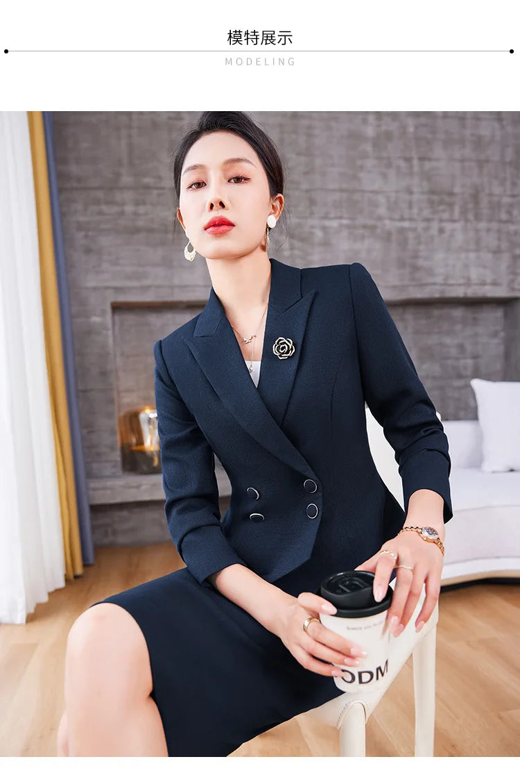 Navy Blue Suits Women 2023 New Spring Autumn Professional Long Sleeve Slim Blazer And Skirt Sets Office Ladies Work Wear Orange