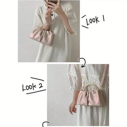 Elegant pink pleated pearl embellished clutch bag - magnetic closure, imitation leather, suitable for weddings and parties