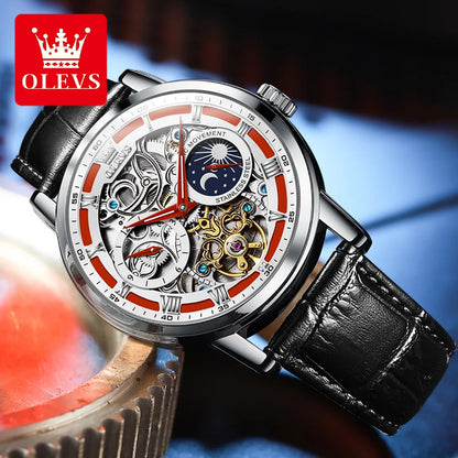 OLEVS Brand New Luxury Moon Phase Tourbillon Watch for Men Leather Strap Waterproof Fashion Skeleton Mechanical Watches Mens
