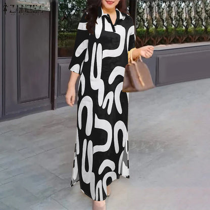 2025 ZANZEA Fashion Autumn Printed Dresses Women Maxi Long Dress Lapel Neck Long Sleeve Robe Casual Kaftan Vestidos Oversize