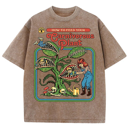 Earnivorous Plant Pattern Washed T-Shirts Men Breathable Cotton Casual T Shirt Soft Summer Comfortable Crewneck Short Sleeve