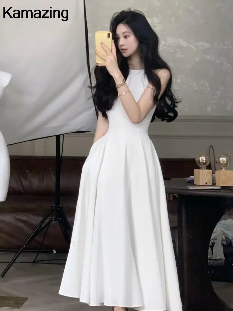 French Romantic A-line Party Dresses Women Elegant Sleeveless Birthday Graduation Midi Dress Summer New Fashion Mujers Robe