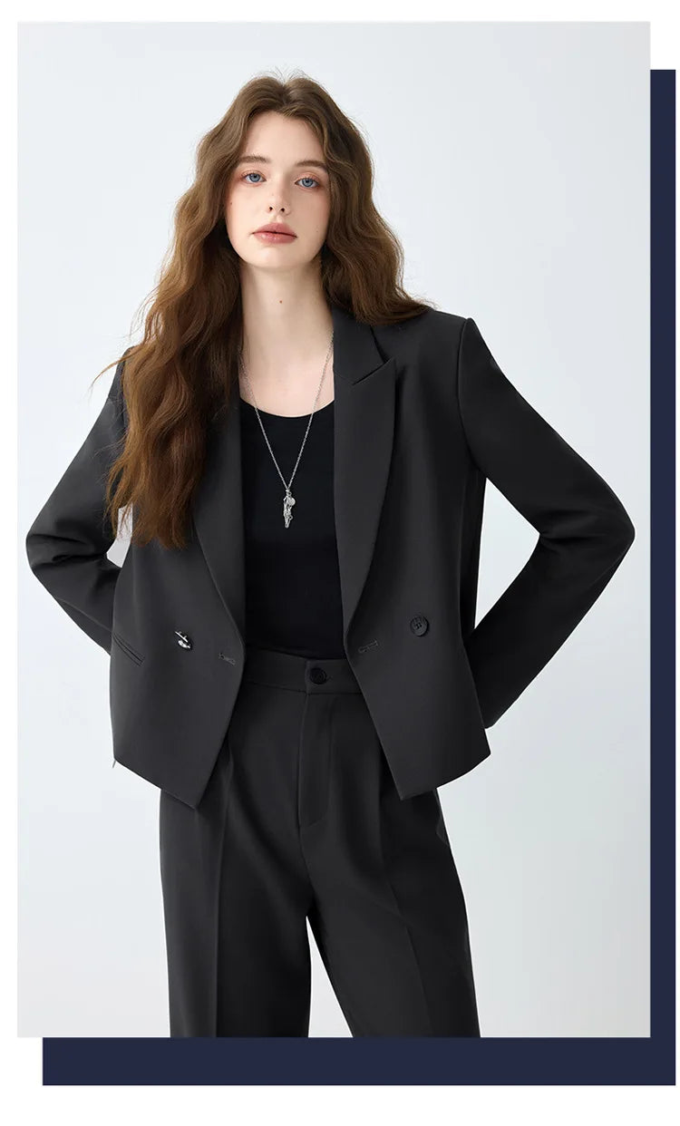 Solid Suits for Women 2025 Spring Fashion Office Ladies Long Sleeve Double Breasted Short Tops Chic Cargo Pant Suits