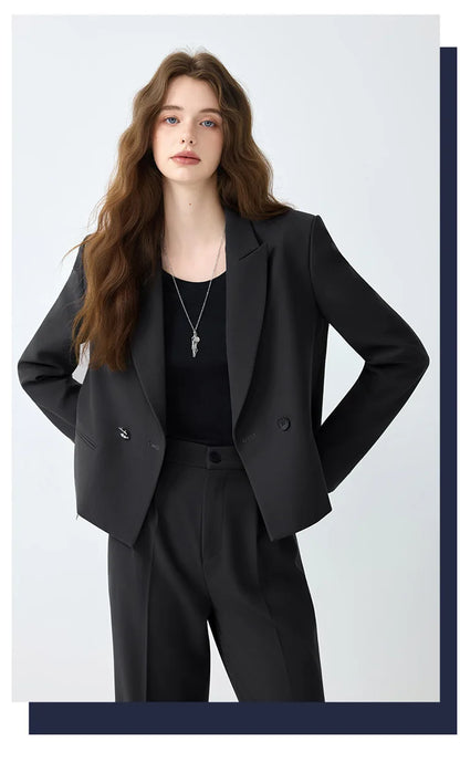 Solid Suits for Women 2025 Spring Fashion Office Ladies Long Sleeve Double Breasted Short Tops Chic Cargo Pant Suits