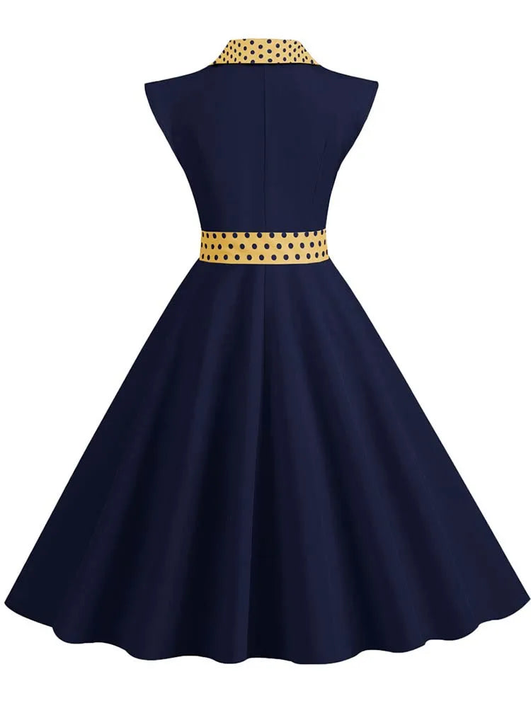 Notched Collar Vintage Solid Party Dresses Women Summer Sleeveless Belted Midi Swing Sundress