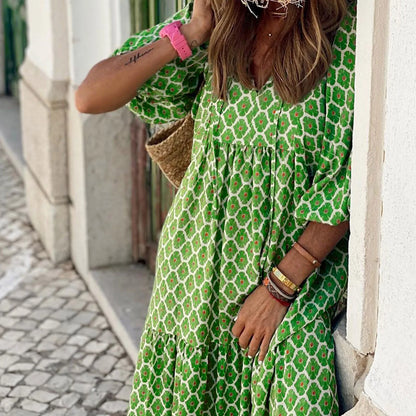 Women's Summer Casual Fashion Geometric Print Neckline Lace-up Bubble Middle-sleeves Ruffle Stitching Big Swing Long Losse Dress