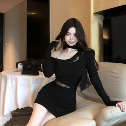 レディース スラントカラー ストラップレス アシンメトリー 長袖 ドレス 韓国風 レース切り替え セクシー ミニドレス ブラック