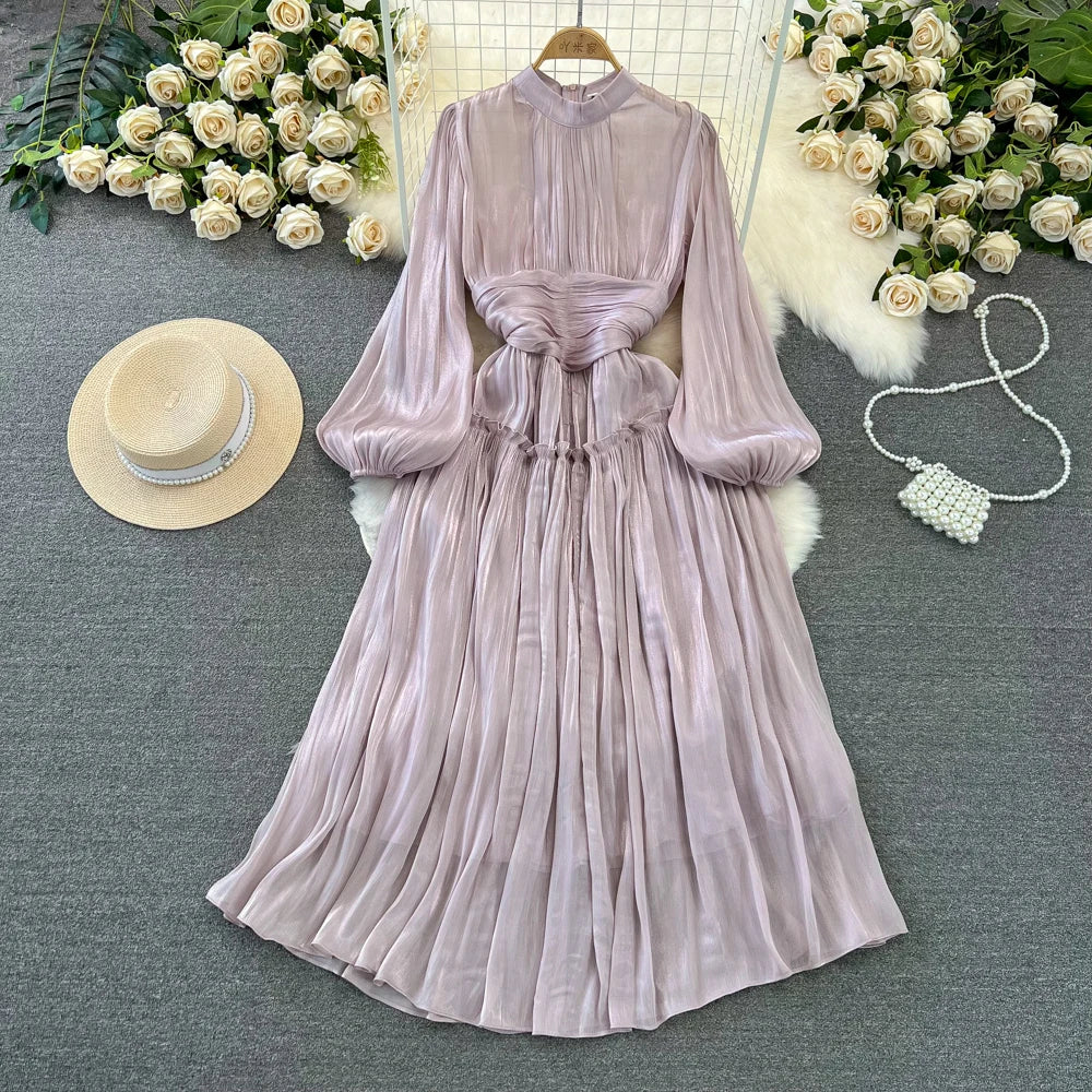 Elegant Long Sleeve Midi Party Dresses Women Summer Autumn Bright Faux Silk Retro Solid Evening Party Vestidos