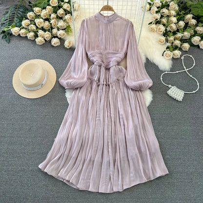 Elegant Long Sleeve Midi Party Dresses Women Summer Autumn Bright Faux Silk Retro Solid Evening Party Vestidos