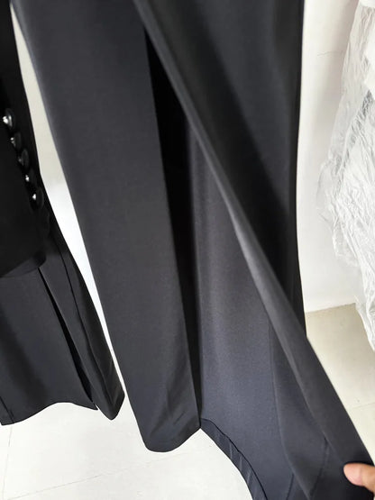 HIGH STREET Newest 2024 Designer Suit Women Beaded Diamonds Stand Collar Single Button Blazer Wide-leg Pants Set 2PCS