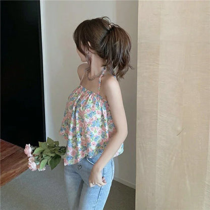 Sexy Backless Halter Tank Women Korean Floral Sweet Fashion Summer Beach Cool Crop Top Pretty Style Female Harajuku Clothes