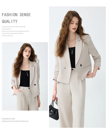 Solid Suits for Women 2025 Spring Fashion Office Ladies Long Sleeve Double Breasted Short Tops Chic Cargo Pant Suits