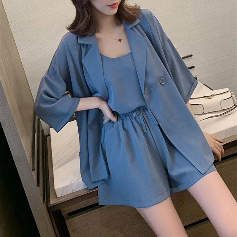 Spring Autumn Korean Style Loose Casual Blazer Camisole Wide Leg Shorts Set Women Simple Elegant Fashion Solid All-match Suit