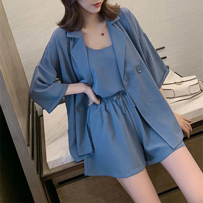 Spring Autumn Korean Style Loose Casual Blazer Camisole Wide Leg Shorts Set Women Simple Elegant Fashion Solid All-match Suit