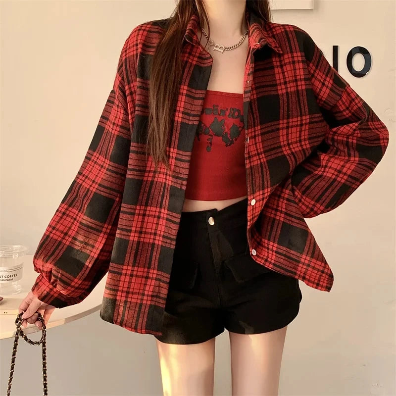 Women Tartan Shirt Long Sleeve Collared Button Up Oversized Plaid Shirt Jacket Grunge Fashion Teenage Girl Spring Summer Outfit