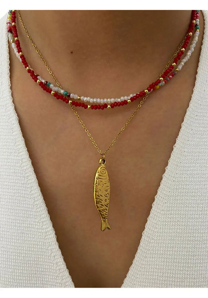Peri'sbox Boho Colorful Acrylic Beaded Chain for Women 18K Gold Plated Solid Fish Pendant Necklace Waterproof Stackable Jewelry