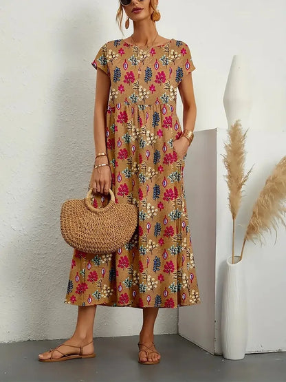 Fashion Women's Cotton and Linen Dress, Round Neck Printed Short Sleeved A-line Maxi Skirt, Unique Floral Long Dresses Vestidos