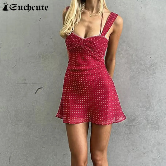 SUCHCUTE Elegant Polka Dot Print Backless Party Dresses Women Causal Sleeveless Beach Dress Vestidos Summer Sundress Sexy Robe