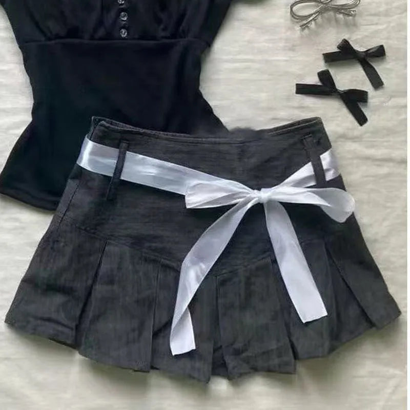 パンクY2Kスカート レディース服 ゴス セクシー ロパ エステティック ストライプ ハイウエスト レースリボン ミニスカート グランジ エモガール 2000年代 ショートスカート